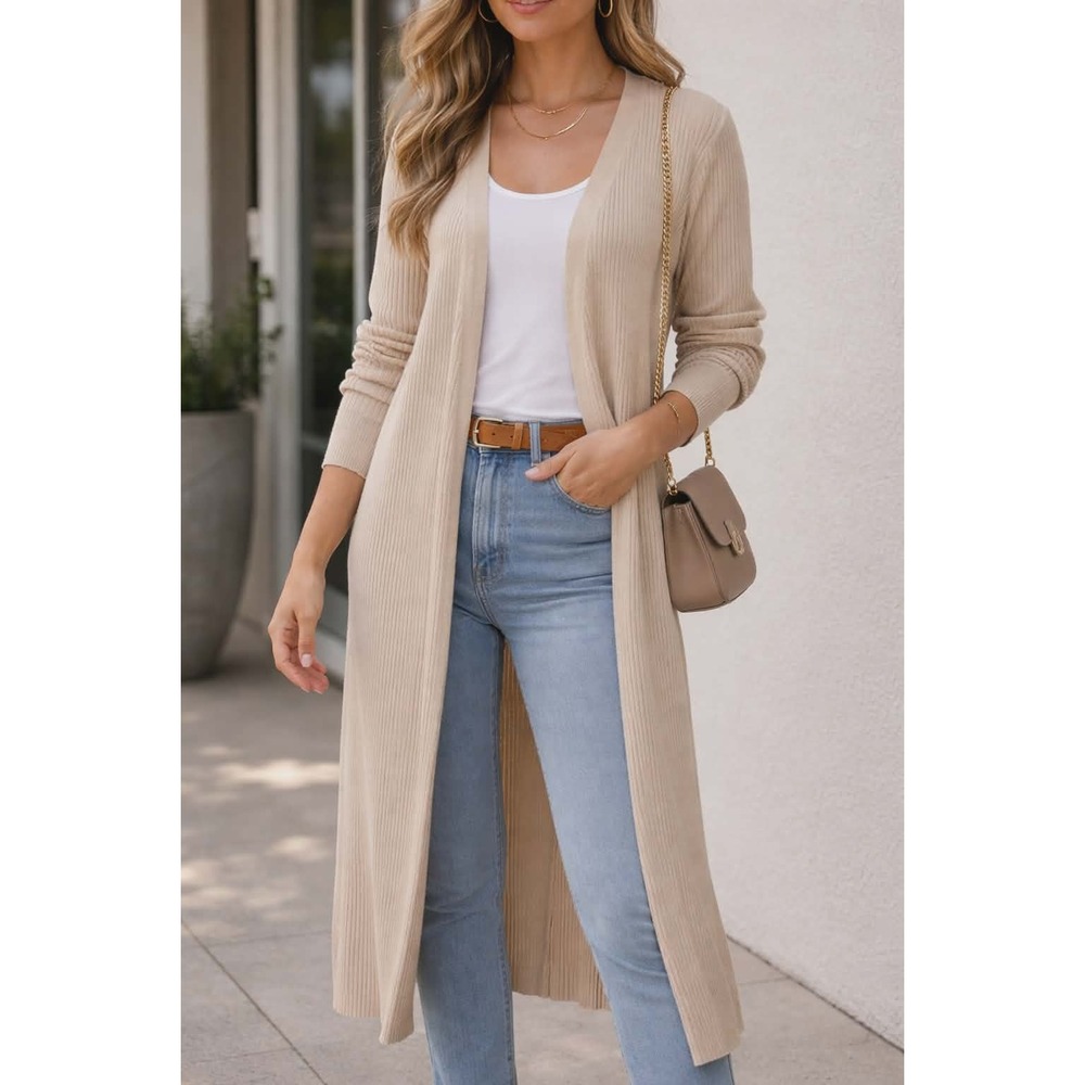 Lulus Cardigan Womens Size Medium Open Front Long Tan Ribbed Sweater
